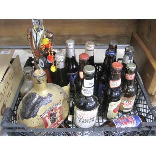 210 - Small crate of mixed alcohol and empty bottles including several bottles of commemorative beer with ... 