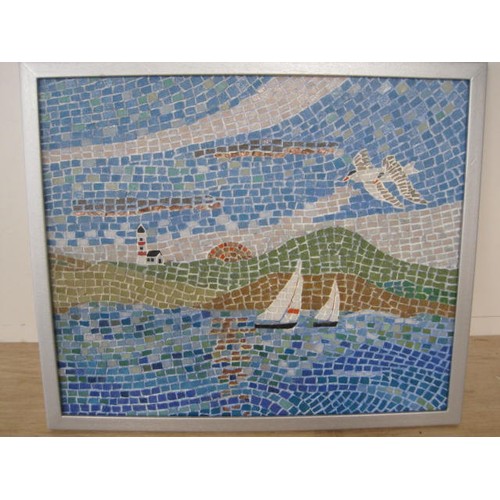 188 - An interesting seascape image in mosaic stone, framed and in good order