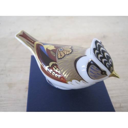 214 - A Royal Crown Derby Crested Tit with gold stopper, exclusive to Royal Crown Derby Collector's Guild,... 