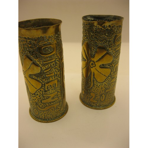 236 - A pair of WW1 ORIENT trench art vases made from brass shell cases decorated with a Mosque having a c... 