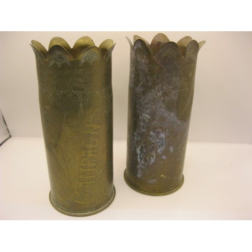 237 - A pair of WW1 ORIENT trench art vases with fancy tops decorated with SOUVENIR ORIENT 1918 and SOUVEN... 