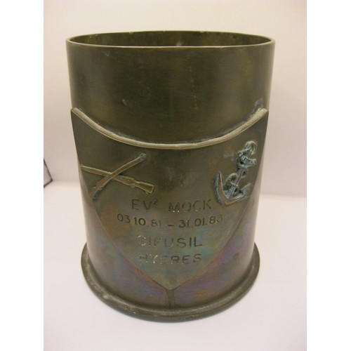 240 - A French Marine Commando brass shell case trophy with a brass shield attached which is engraved: EV2... 