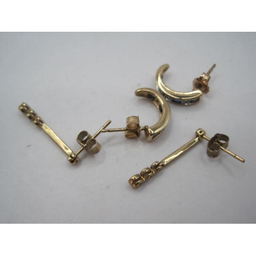 25 - Two pairs of gem set earrings - (1) pair of 9 carat gold sapphire and diamond earrings, half hoop fo... 