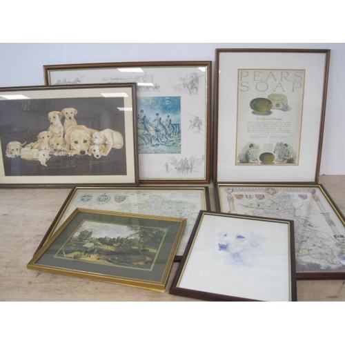 120 - A selection of framed prints to include two maps  Dorsetshire and Hampshire along with a Pears soap ... 