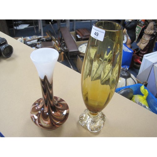 49 - Two glass vases - one dark yellow with clear bubbled base (height 31.5cm), the other in opaque glass... 