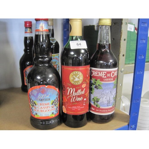 64 - Two bottles of Alfred Cartier Creme de Cassis 70cl, and one bottle of Three Mills mulled wine 75cl