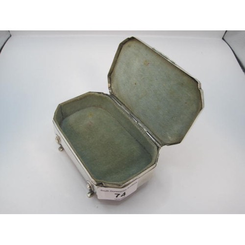 74 - Silver jewellery box with hinged engine turned lid engraved with tulips, original fabric lined inter... 