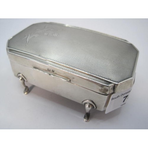 74 - Silver jewellery box with hinged engine turned lid engraved with tulips, original fabric lined inter... 