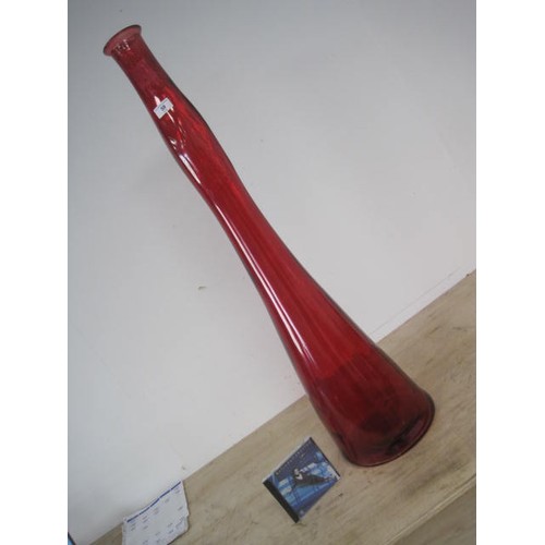 59 - Large Red Glass Vase *CD Case pictures next to it for scale, over 3' tall