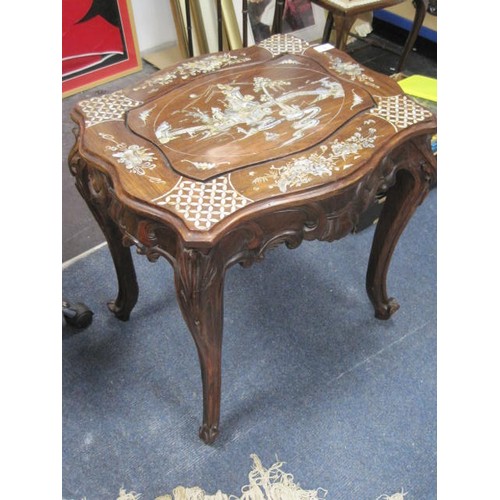 50 - A Far Eastern occasional table with pictorial mother of pearl inlay to the top - the table top of re... 