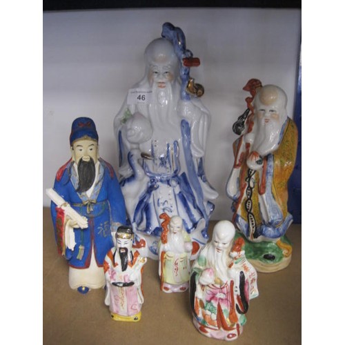 46 - Five Chinese ceramic figures of wise men and dignitaries, the tallest at 31cm, and one resin example