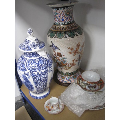 48 - An assortment of china including a Delft style lidded vase, a far eastern baluster vase (height 46cm... 