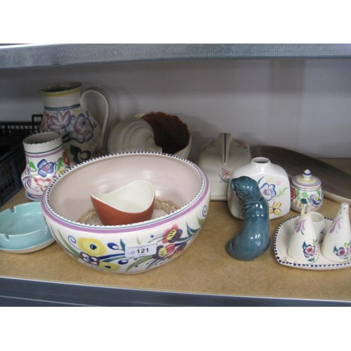 121 - A selection of traditional Poole Pottery items to include eight inch jug 9 inch bowl small 5 inch va... 