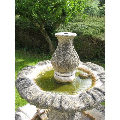 1 - Two-tier stoneware garden fountain, baluster base, support and top with stylized foliage carving in ... 