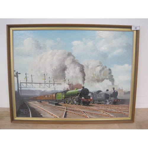 80 - Barry G Price railway art - oil on board depicting two steam trains leaving station, LNER 1000 East ... 