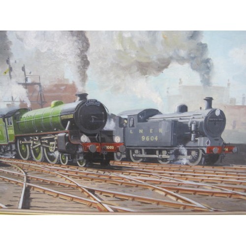 80 - Barry G Price railway art - oil on board depicting two steam trains leaving station, LNER 1000 East ... 