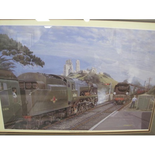 161 - Three railway prints - (1) after Barry J Freeman, 'Crossing at Corfe Castle', framed and glazed, ove... 