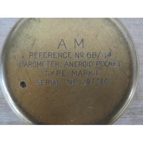 210 - A vintage brass Air Ministry Barometer, Aneroid Pocket Type Mark I, Reference No 6B/114, Serial 297/... 