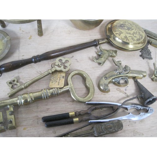 108 - Brass and metal ware, an assortment including two model keys (one with Dorset Council presentation t... 