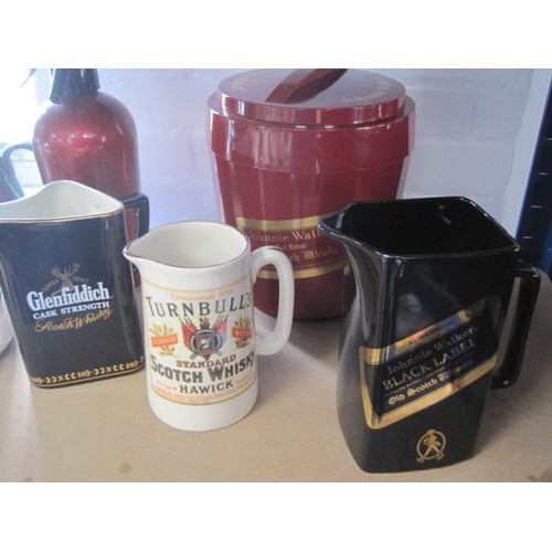 159 - Items for home bar - three pottery whiskey jugs, Seton Pottery Johnnie Walker Black Label, Glenfiddi... 