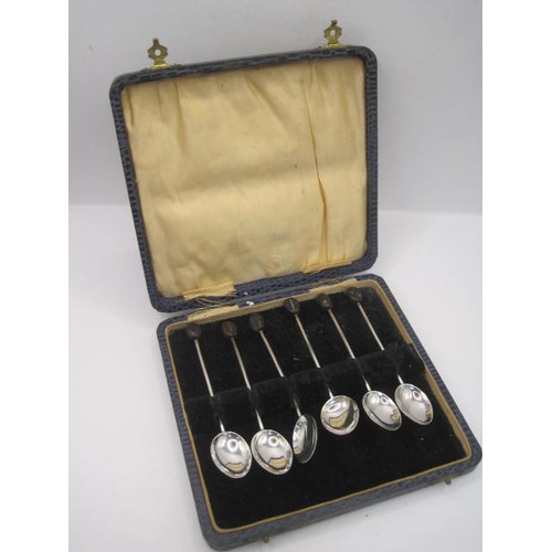 248 - Cased set of six silver coffee spoons with bean terminals, combined gross weight 32.5g, marks for Bi... 