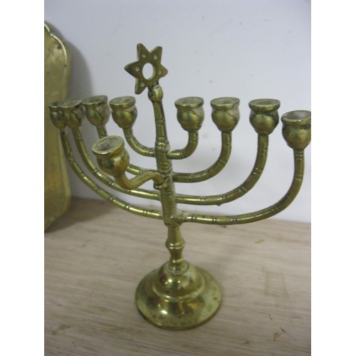 93 - A vintage Jewish Seder Plate, a brass Menorah, a decorated Chinese brass tray and a vintage desk lig... 