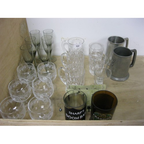 322 - Drinking vessels - a set of six smoked glass wine glasses with airtwist stems, a set of six wine gla... 