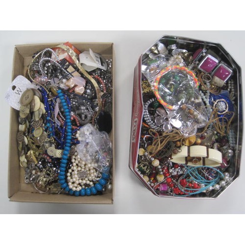 26 - Costume jewellery (contents of a Fox's biscuit tin and a small buff cardboard tray) including a pair... 