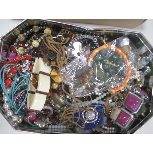 26 - Costume jewellery (contents of a Fox's biscuit tin and a small buff cardboard tray) including a pair... 