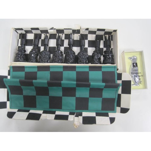 137 - Black Marsala Speciale chess game with eight miniatures (a/f box is tatty), and a boxed chrome pengu... 