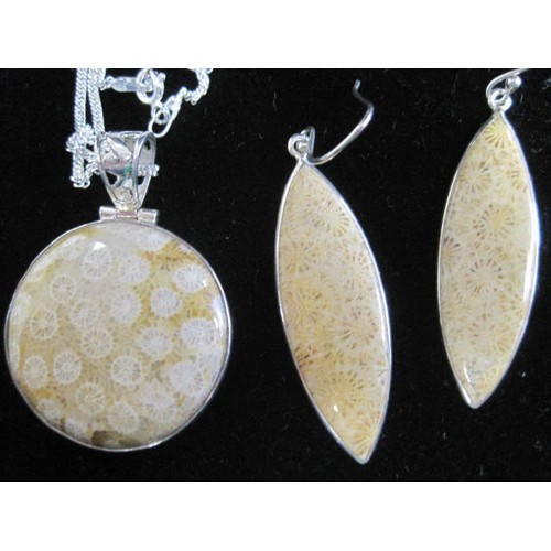 33 - 925 silver circular pendant set with a polished fossil style stone, on a chain marked 925 ACPL, matc... 