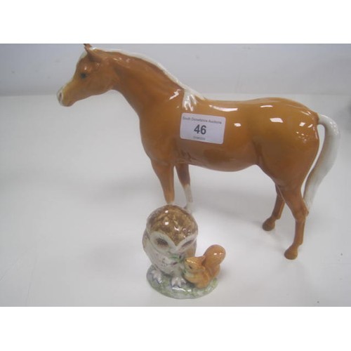 46 - Beswick Palomino horse (height 18.5cm), and Beswick Beatrix Potter Old Mr Brown (height 8cm) brown b... 