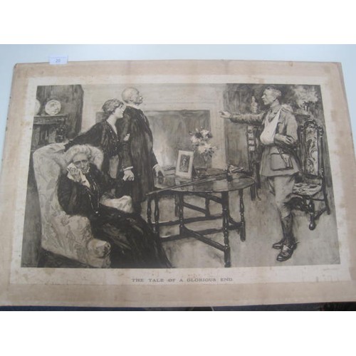 20 - WW1 era parlour scene print 'The Tale of a Glorious End', mounted on board, overall 50.5cm x 72cm, a... 