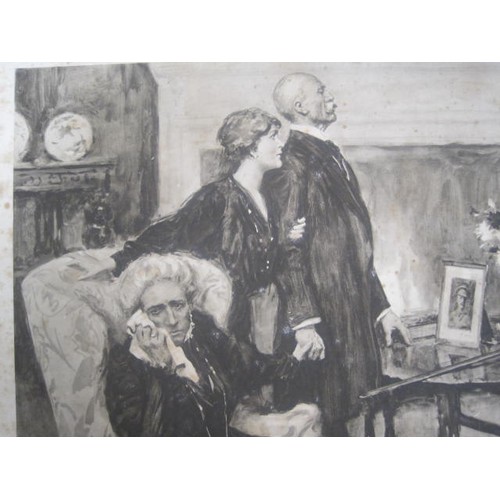 20 - WW1 era parlour scene print 'The Tale of a Glorious End', mounted on board, overall 50.5cm x 72cm, a... 