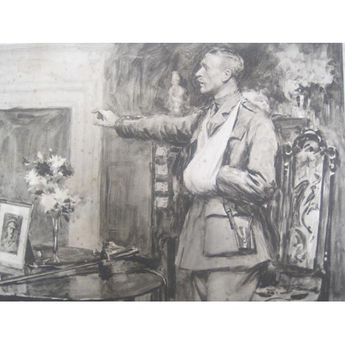 20 - WW1 era parlour scene print 'The Tale of a Glorious End', mounted on board, overall 50.5cm x 72cm, a... 