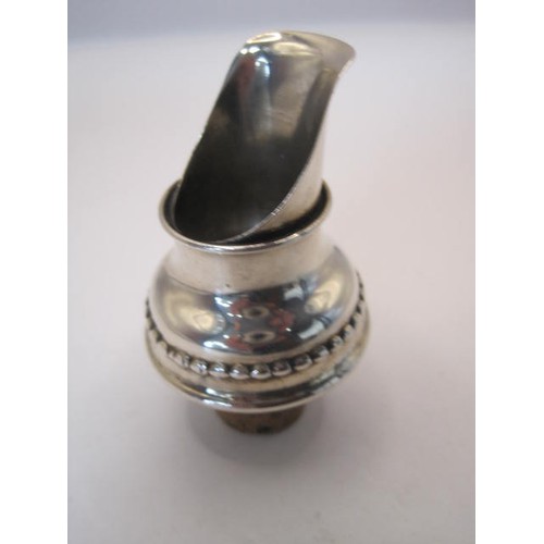 245 - Silver wine cork cap/pourer, plain collar and beaded collar, diameter at widest about 3.3cm, marks f... 