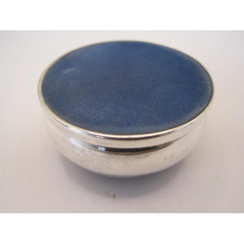 256 - Silver pin cushion, circular, diameter 54mm, blue velvet, marks for Birmingham, 1995, L J Millington... 