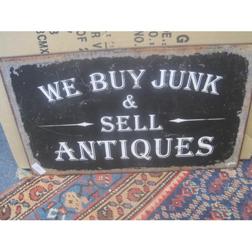 135 - A metal junk/antiques sign, 56cm x 33cm