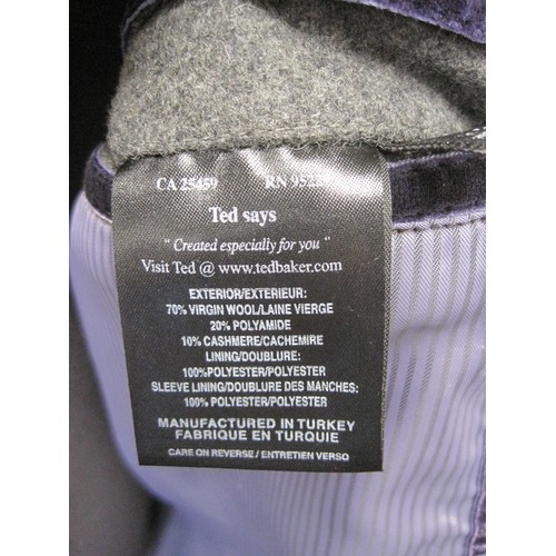 117 - Ted Baker 70% wool double-breasted grey three-quarter length coat. A/f hole to sleeve and hem of lef... 