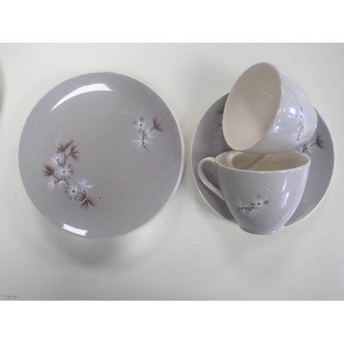 141 - Royal Doulton Frost Pine tea ware D6450, six cups, six saucers, six side plates, a cake plate, milk ... 