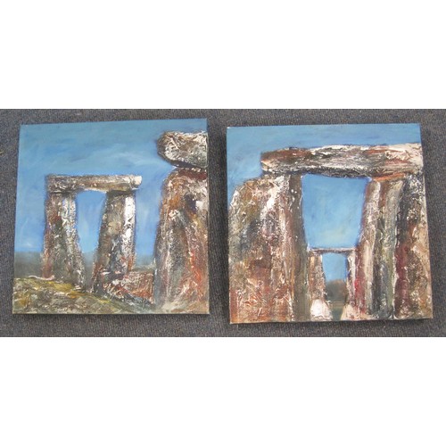 120 - Five oil paintings - one large abstract, two of Stonehenge, a coastal scene, and a mountainous lands... 