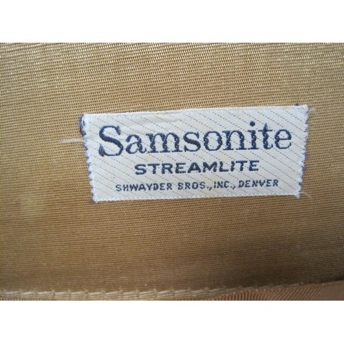 187 - Vintage Samsonite Streamlite tan leather suitcase, fitted interior with woven label of Shwayder Bros... 