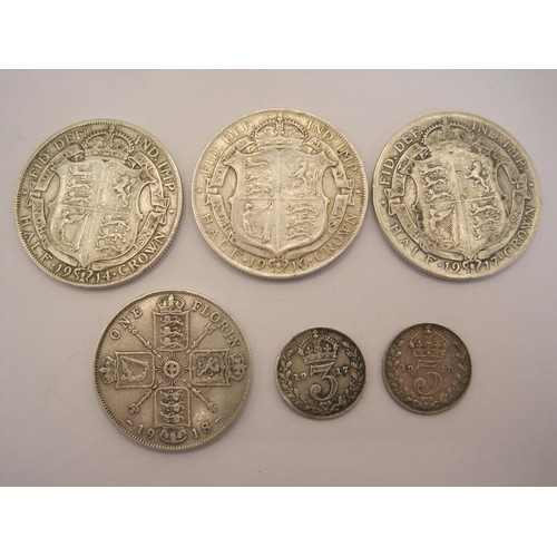 167 - 3 silver halfcrowns 1914, 16 & 17, a 1918 Florin and a pair of silver 3d coins, 1917 & 1918, 55g app... 