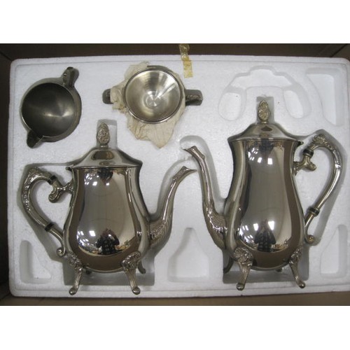 63 - Electroplated tea and coffee set comprising coffee pot, tea pot, milk jug, sugar bowl and engraved o... 