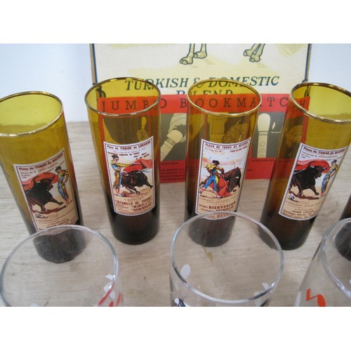 5 - A box of vintage Players Cigarette tins, a selection of vintage glasses featuring bullfighters and a... 