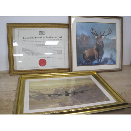 25 - Three framed and glazed prints - 'Monarch of the Glen', Lancaster Bomber 83x63cm and an F&G Certific... 