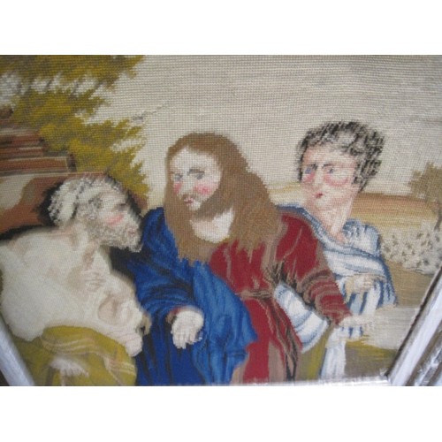 27 - Framed Religious Tapestry 72x77cm, with framed and glazed Tapestry Hunting Scene (A/F) 50x59cm