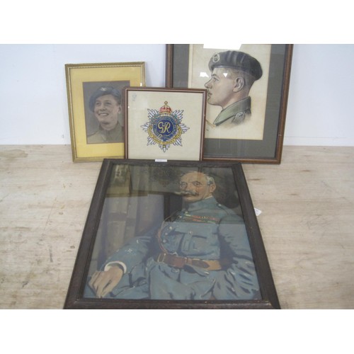 34 - Military Interest - four pictures including embroidered insignia, photo, pastel and print