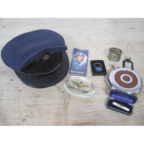 189 - Royal Air Force (RAF) memrobilia, including hip flask, paperweight, keyring, napkin ring and bookmar... 