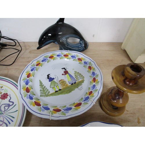 2 - Two Quimper plates two Quimper eggs ,Poole traditional plates, Dolphin ,wooden candlestick and other... 